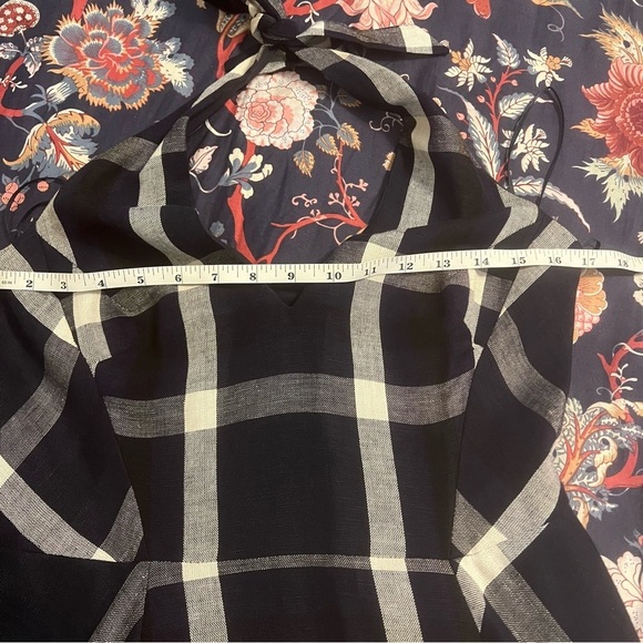 Eva Franco Anthropologie Plaid Halter Dress Pin Up Linen Blend Blue Motif Sz 10 - Picture 12 of 15